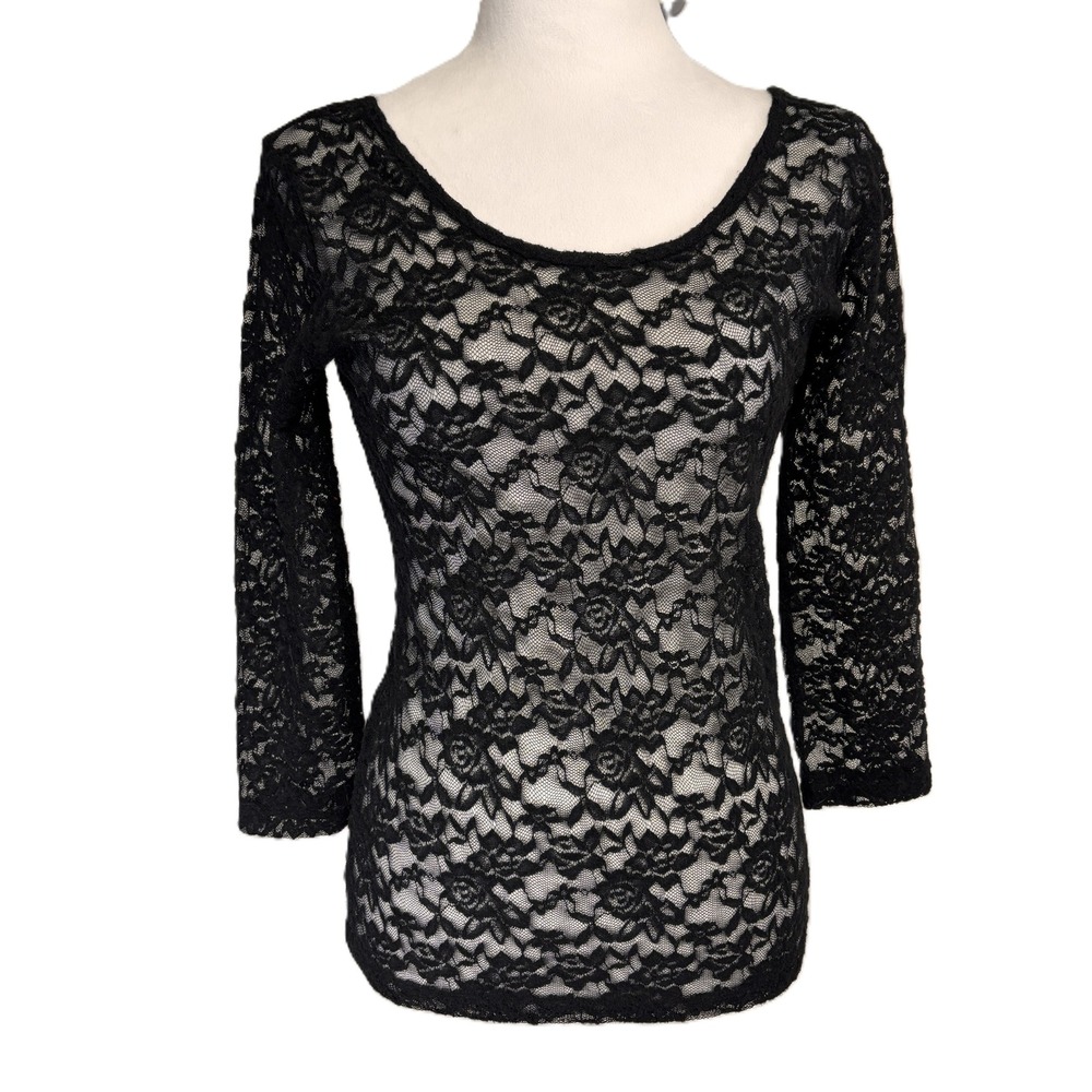 Decree Lace Top Womens Medium Black Floral Sheer 3/4 Sleeve Romantic Goth Boho‎